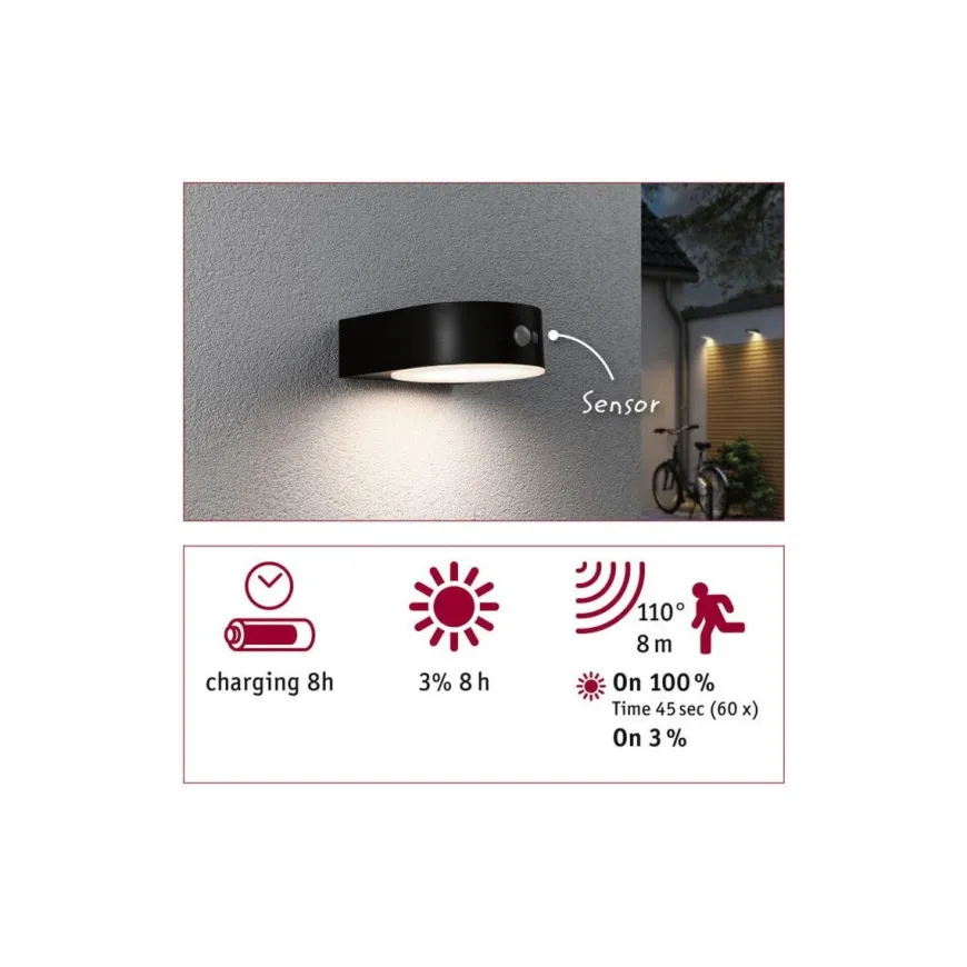 Eileen vegglampe utendørs 5,5W 3000 Kelvin m/bevegelses sensor - Solcelle