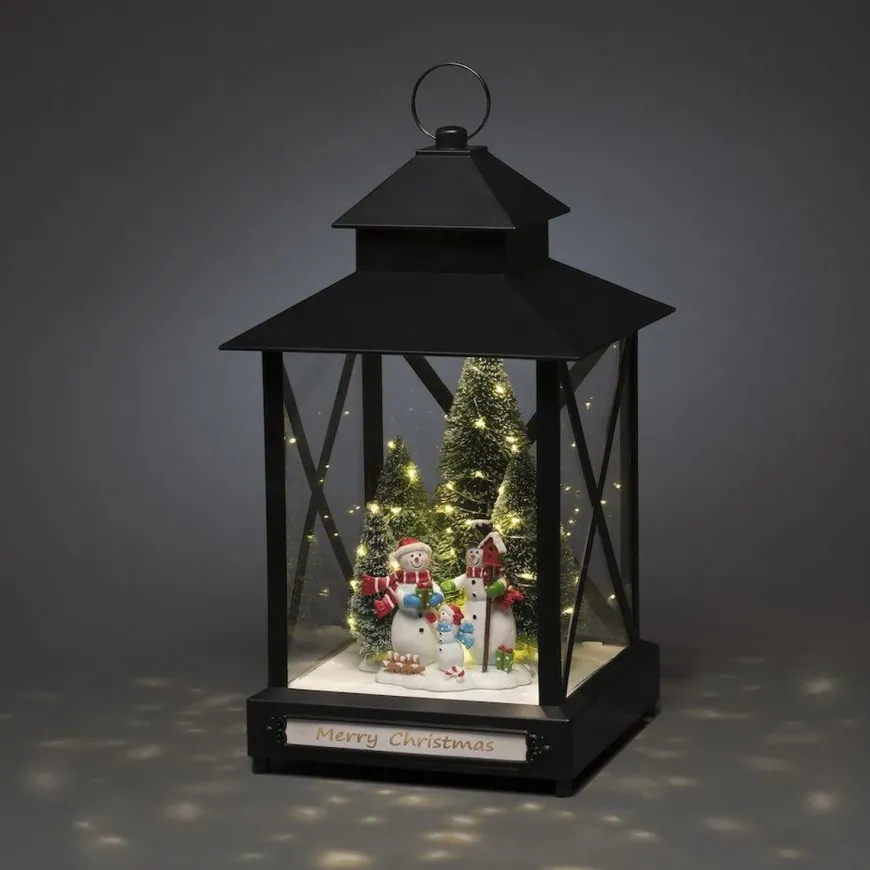 Stor lykt med juletre og snømenn - 42cm