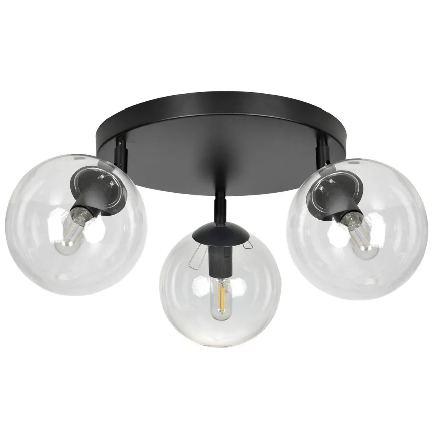 Tofi taklampe rund 3 lys - Svart/Klart glass